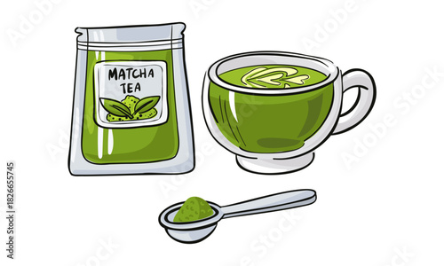 Illustration set featuring a cup of prepared matcha tea, powder bag, and measuring spoon. Ideal for tea shop menus, healthy food blogs, and beverage packaging designs.