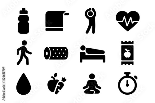 Hydration Recovery Icons. Hydration and recovery. Solid icon set of Hydration and recovery: water bottle, towel, stretching arms, heart rate, cooling down,