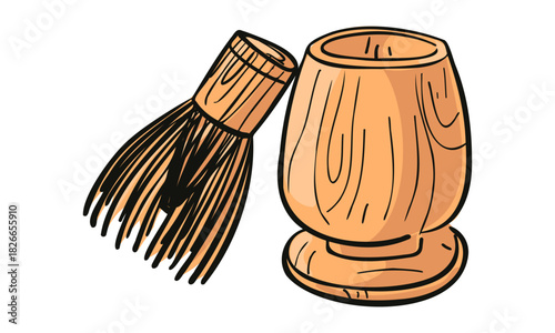 Illustration of traditional matcha tea whisk and wooden bowl. Ideal for tea shop menus, healthy lifestyle blogs, Japanese cuisine, and beverage packaging designs