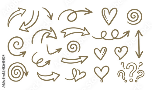 Variety of hand drawn arrow, heart, and question mark doodle elements for design