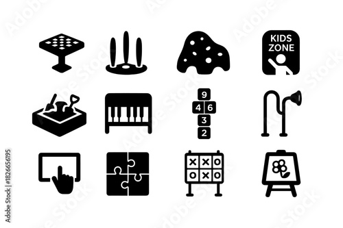 Interactive Icons Set. Interactive features. Solid icon set of Interactive features: chess table, water jets, climbing sculpture, kids zone, sandbox, public