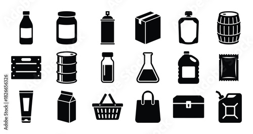 Various packaging and container icons in black and white including bottles jars boxes barrels and more isolated