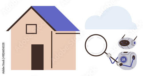 Robot with magnifying glass inspecting beige house, accompanied by a cloud. Ideal for AI, property analysis, real estate, innovation, inspection, future technology, simple flat metaphor