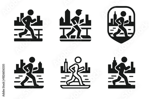 Jogger Skyline Icons. A person jogging along the waterfront in the city, enjoying the view of the skyline. Icon set. Set Logo of a person jogging along the