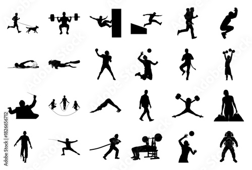 Silhouettes of People Participating in Sports and Occupations Keywords: silhouette, person