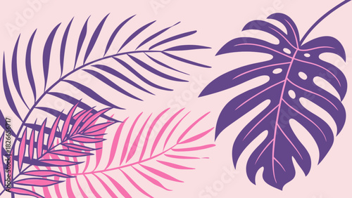 Illustration of purple and pink tropical leaves including palm and monstera on a light pink background