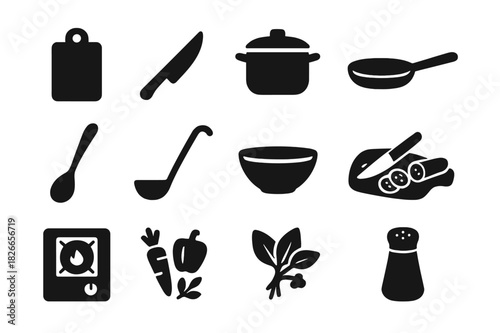 Kitchen Tool Icons. Meal preparation. Solid icon set of Meal preparation: chopping board, knife, pot, pan, stirring spoon, ladle, mixing bowl,