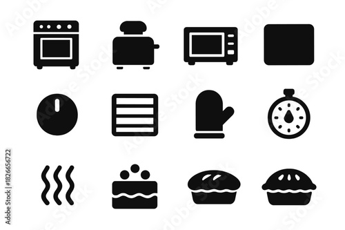 Kitchen Appliance Icons. Kitchen appliances. Solid icon set of Kitchen appliances: oven, toaster, microwave, baking tray, knob, rack, oven mitt, timer, heat
