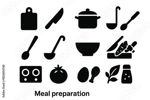 Kitchen Tool Icons. Meal preparation. Solid icon set of Meal preparation: chopping board, knife, pot, pan, stirring spoon, ladle, mixing bowl,