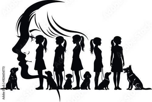 Creative black and white silhouette vector illustration showing girls walking dogs that creates a negative space optical illusion of a beautiful woman face profile.