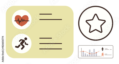 Heartbeat and running icons with text lines, star rating symbol, and progress chart. Ideal for health tracking, fitness goals, wellness, exercise monitoring, lifestyle, performance evaluation simple