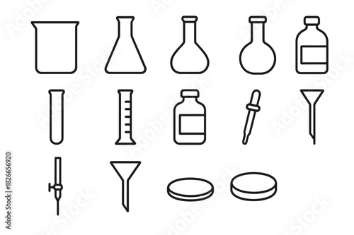 Laboratory Glassware Icons. Laboratory glassware. Line icon set of laboratory glassware: beaker, Erlenmeyer flask, volumetric flask, round-bottom flask, test