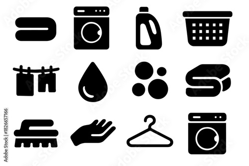 Laundry Routine Icons. Laundry routine. Solid icon set of Laundry routine: towel, washing machine, detergent bottle, laundry basket, drying line, water
