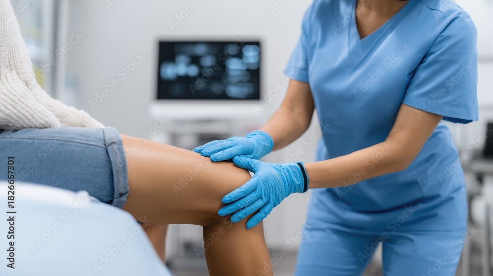 Obraz premium Medical examination of patient knee by healthcare professional wearing blue gloves, physical therapy and orthopedics concept in modern hospital or clinic background