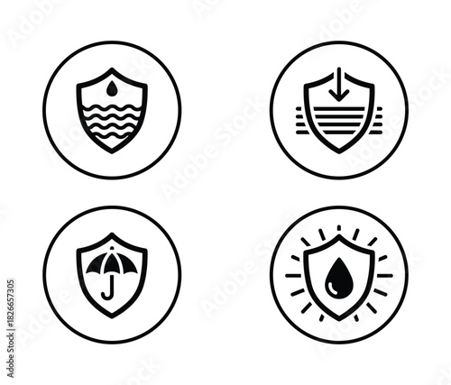 Water protection icon set with shield over waves, water resistant shield, umbrella, and radiant water droplet shield