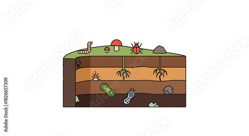Cross-section illustration of soil layers with insects and roots on a white background with earthy tones.