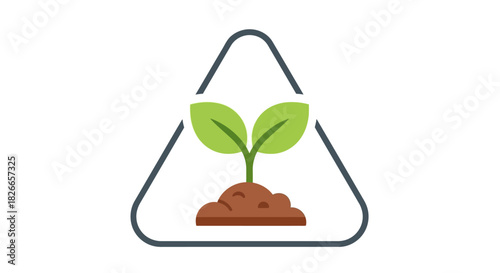 Simple illustration of a green seedling growing in brown soil within a triangular outline on a white background.