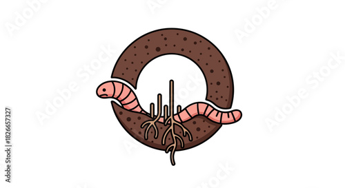 Illustration of two worms eating a chocolate doughnut on a white background with brown spots and crumbs.