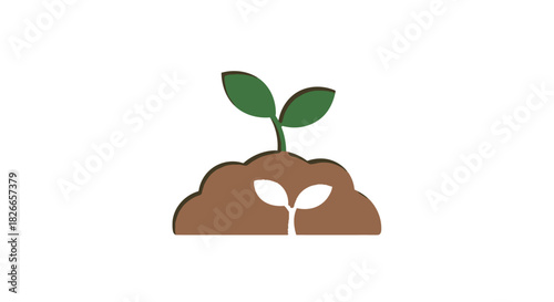 Flat illustration of a green plant sprouting from a brown soil mound with two white roots on a plain white background.