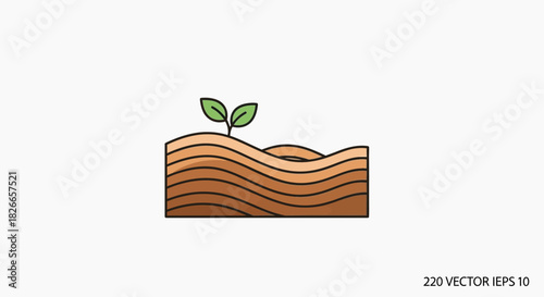 Vector illustration of a green sprout growing out of layered brown soil against a white background.