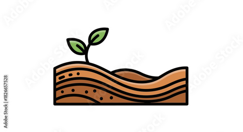 Minimalist illustration of a green sprout growing in brown soil with wavy layers and black dots on a clean white background.