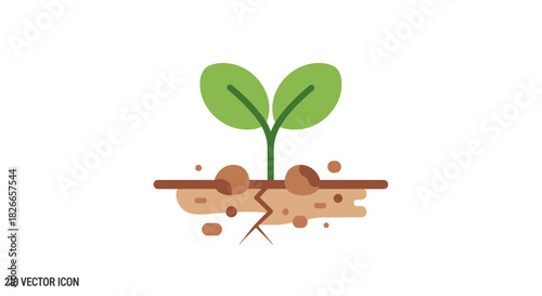 Vector illustration of a green sprout growing out of cracked dry earth with brown soil and small rocks on a plain white background.