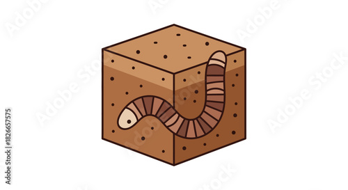 Illustration of a caterpillar emerging from a cube-shaped cookie with brown spots on a white background.