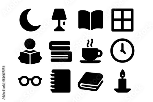 Library Night Icons. Night in the Library. Solid icon set of Night in the Library: moon, lamp, open book, window, reading person, stack of books, coffee cup,