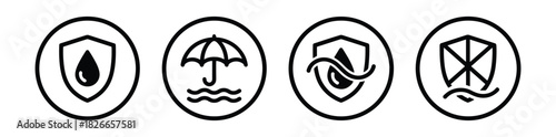 Water protection shield and waterproof icon set showing water droplet, umbrella, waves, and moisture resistance