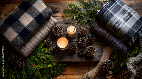 Rustic cabin holiday flat lay with plaid blankets, pinecones, candles and greenery around wooden center 