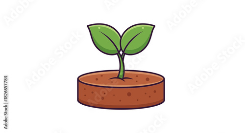 A simple cartoon illustration of a green sprout growing from a brown soil pot on a white background.