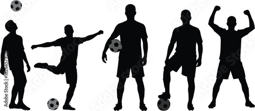 Set of black and white vector silhouettes featuring male soccer players in action poses like kicking, heading, and celebrating victory on isolated white background.