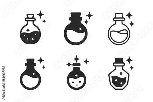 Magical Transformation Logos. Magical transformation. Icon set. Set Logo of magical transformation: potion bottle with sparkles. harmonious logo variations of