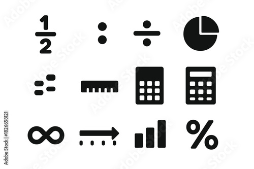 Mathematical Icons Grid. Mathematical ratios. Solid icon set of mathematical ratios: fraction, ratio symbol, division line, circle chart, equation, ruler,