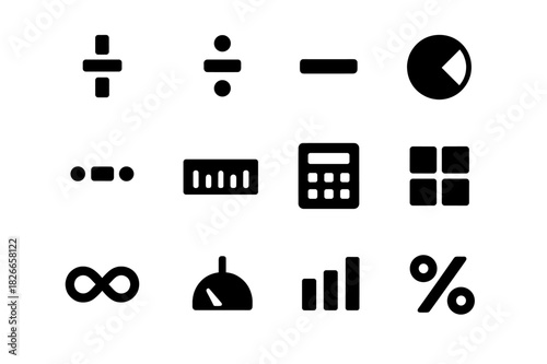 Mathematical Icons Grid. Mathematical ratios. Solid icon set of mathematical ratios: fraction, ratio symbol, division line, circle chart, equation, ruler,