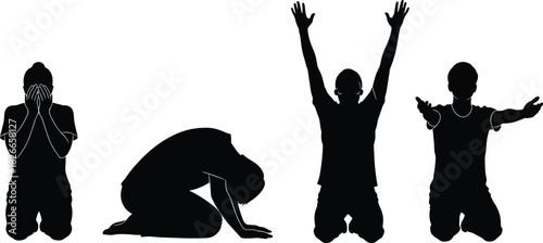 Set of black and white vector silhouettes showing man kneeling in prayer, worship, and despair poses with arms raised isolated on white background art.
