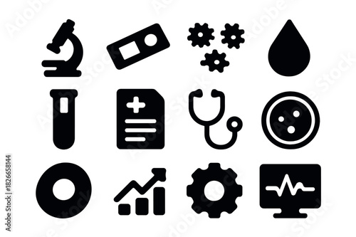 Medical Analysis Icons. Medical Analysis. Solid icon set of Medical Analysis: microscope, sample slide, bacteria, blood drop, test tube, report, stethoscope,