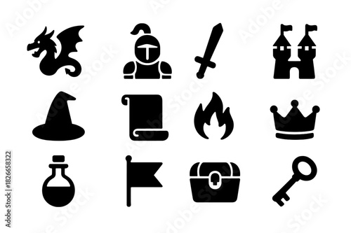 Medieval Fantasy Icons. Medieval Fantasy. Solid icon set of Medieval Fantasy: dragon, knight, sword, castle, wizard hat, scroll, fire, crown, potion, flag,