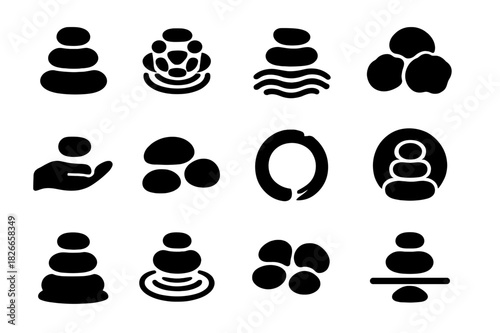 Meditation Stones Icons. Meditation stones. Solid icon set of Meditation stones: stacked pebbles, circular pattern, sand waves, moss, hand icon, smooth rocks,