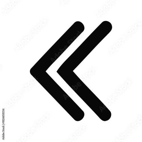 Double arrow left icon in a solid black line style, isolated on a white background for web and app design, symbolizing previous page, back, and rewind functions
