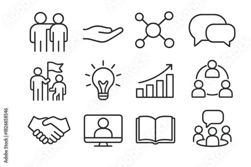 Mentorship Icons Set. Mentorship and Support Networks. Line icon set of Mentorship and Support Networks: mentor and mentee, guidance hand, network nodes,