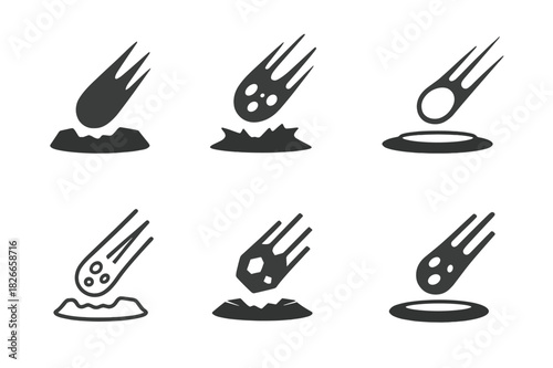 Meteorite Logo Variations. Meteorite. Icon set. Set Logo of Meteorite: Crater impact. harmonious logo variations of the same emblematic concept (Filled