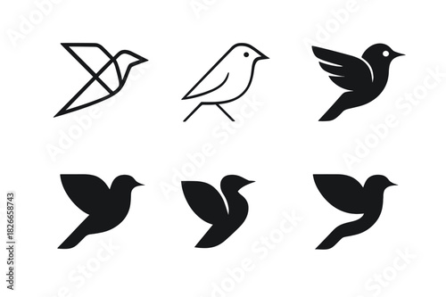 Migratory Bird Logos. Bird. Icon set. Set Logo of migratory bird. harmonious logo variations of the same emblematic concept (Abstract geometric, Minimal