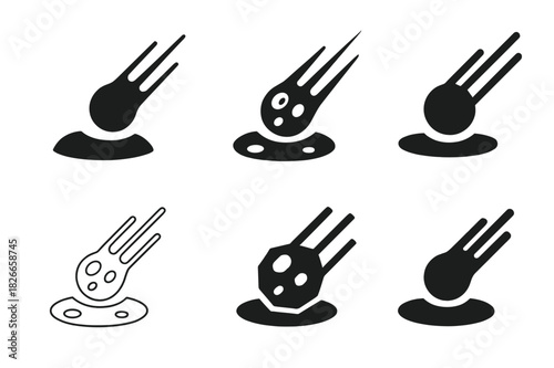 Meteorite Logo Variations. Meteorite. Icon set. Set Logo of Meteorite: Crater impact. harmonious logo variations of the same emblematic concept (Filled