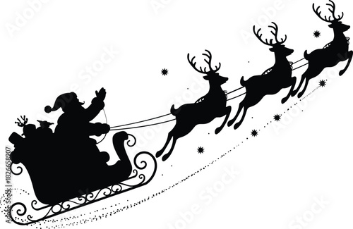 Black Silhouette Vector of Santa Claus Flying in a Sleigh with Reindeer and Stars for Christmas Decoration.