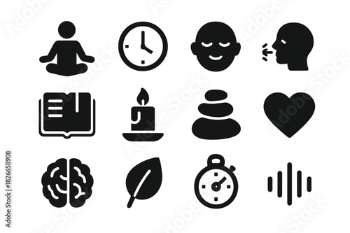 Mindfulness Icon Set. Daily mindfulness. Solid icon set of Daily mindfulness: meditation pose, clock, calm face, breathing icon, journal, candle, zen stones,