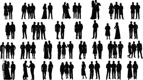 couple silhouette collection, standing man and woman poses, romantic pair figures set, relationship illustration, diverse couple outlines vector design pack