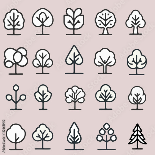 line art tree icons set vector illustration, minimal line art tree icons collection for nature design, modern line art tree icons artwork for landscape, ecology, and environmental graphics