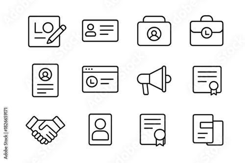 Minimalist Branding Icon Set. Branding Services. Line icon set of Branding Services: logo design, business card, social media profile, portfolio, resume,