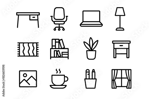 Minimalist Home Office Icons. Home Office Comfort. Line icon set of Home Office Comfort: desk, chair, laptop, floor lamp, rug, bookshelf, potted plant, side